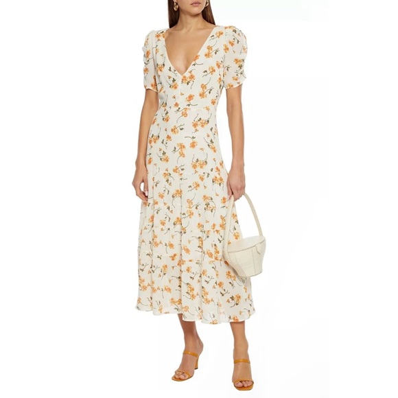 Reformation Cosa Floral V Neck Short Sleeve Midi Dress in Yellow Limonada - Picture 6 of 16